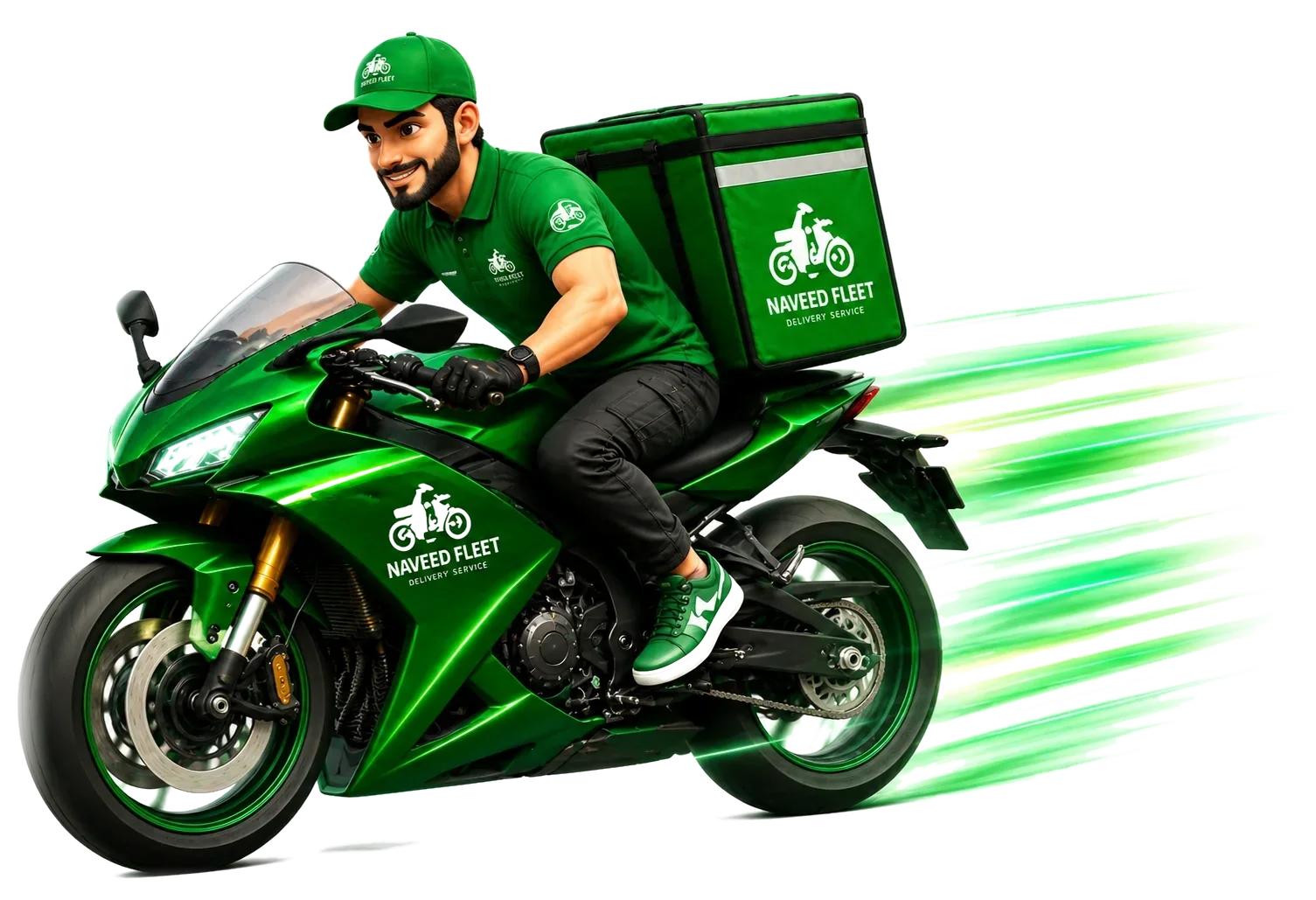 Naveed Fleet rider on a green delivery motorcycle